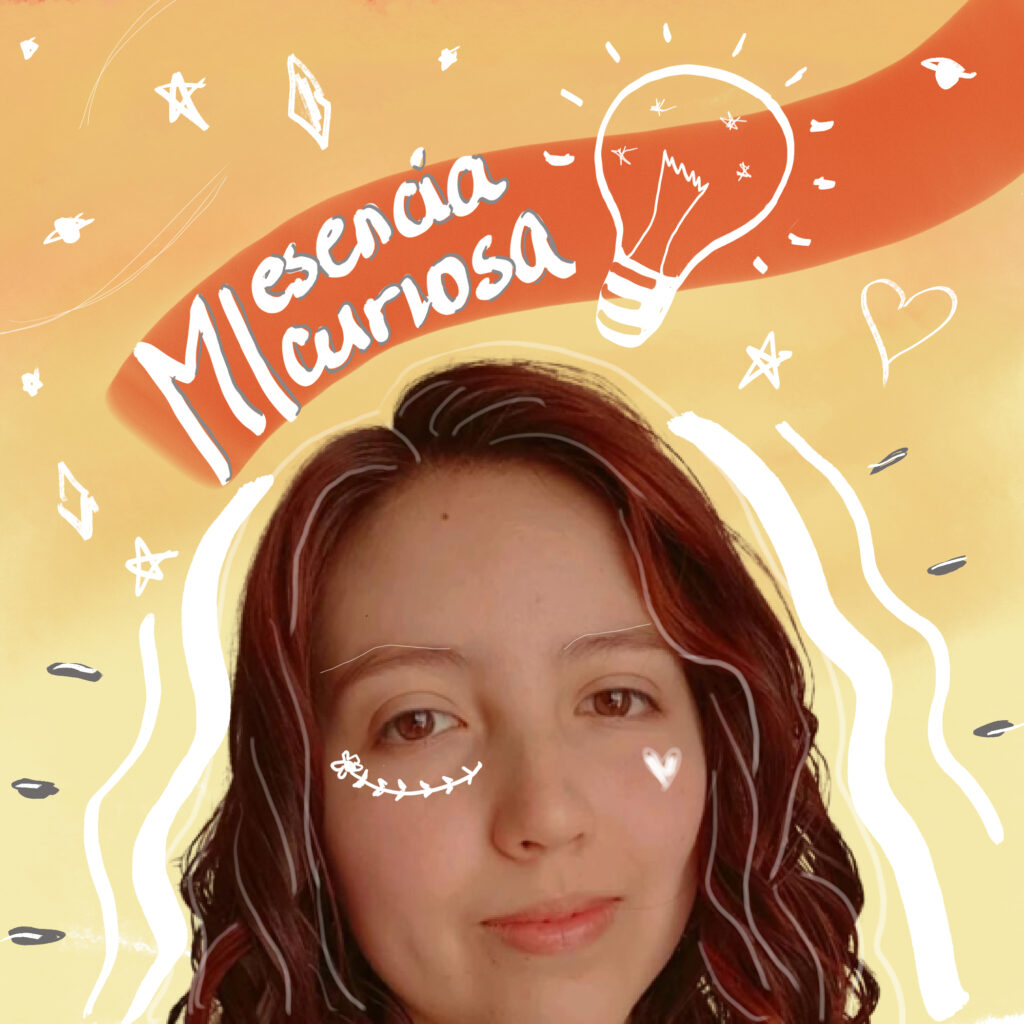 Foto de perfil de redes sociales. Aparece el nombre del proyecto y el rostro de una mujer joven, quien está detrás del blog. Hay muchos colores cálidos y trazos blancos.