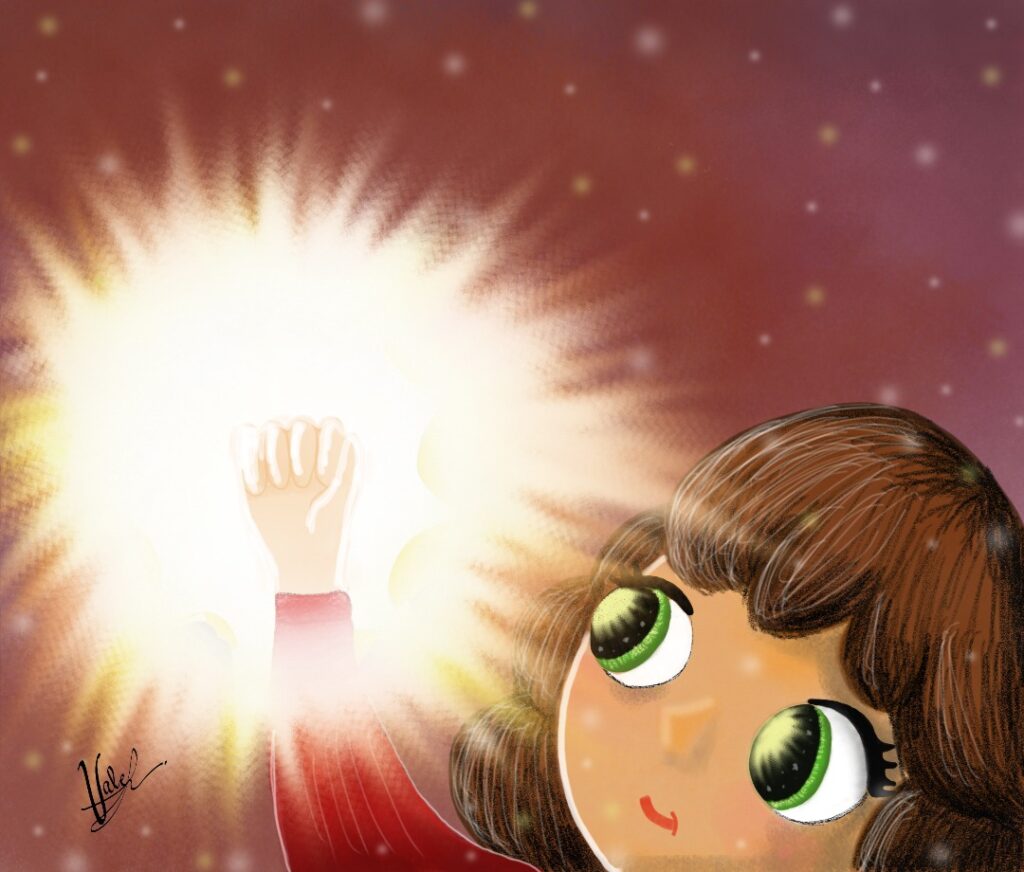 Ilustración digital de una niña que observa su puño, el cual irradia luz. Representa fuerza y voluntad